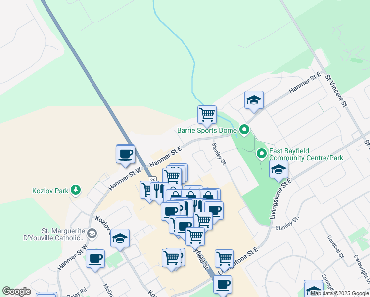 map of restaurants, bars, coffee shops, grocery stores, and more near 37 Hanmer Street East in Barrie