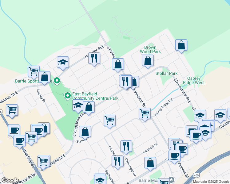 map of restaurants, bars, coffee shops, grocery stores, and more near 156 Livingstone Street East in Barrie