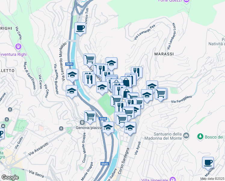 map of restaurants, bars, coffee shops, grocery stores, and more near 133 Corso Alessandro de Stefanis in Genova