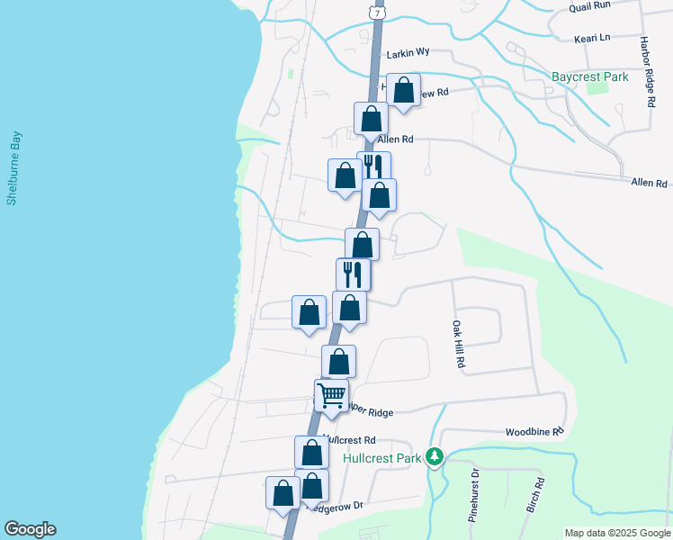 map of restaurants, bars, coffee shops, grocery stores, and more near 2598 Shelburne Road in Shelburne