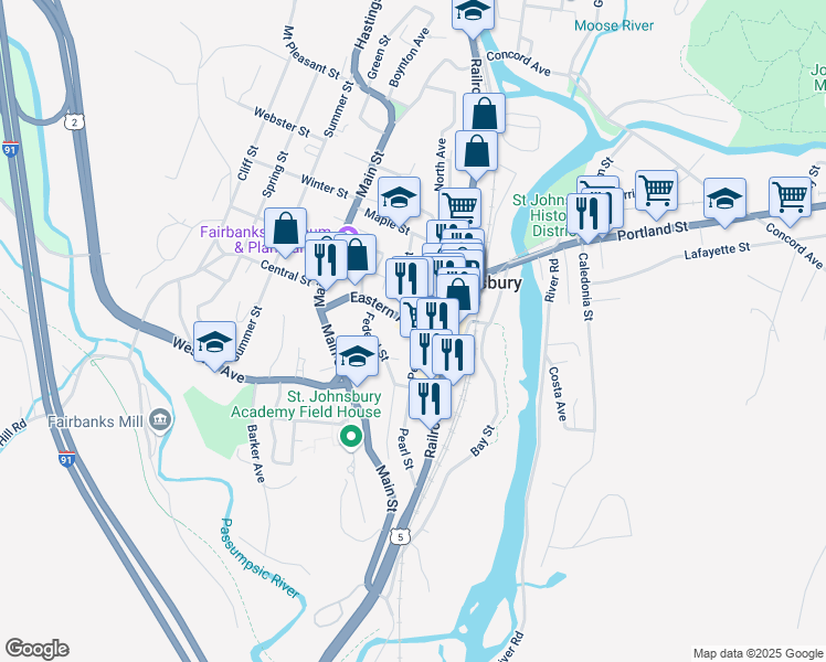 map of restaurants, bars, coffee shops, grocery stores, and more near 103 Eastern Avenue in Saint Johnsbury