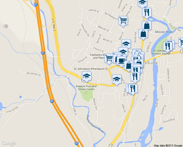 map of restaurants, bars, coffee shops, grocery stores, and more near 149 Summer Street in Saint Johnsbury