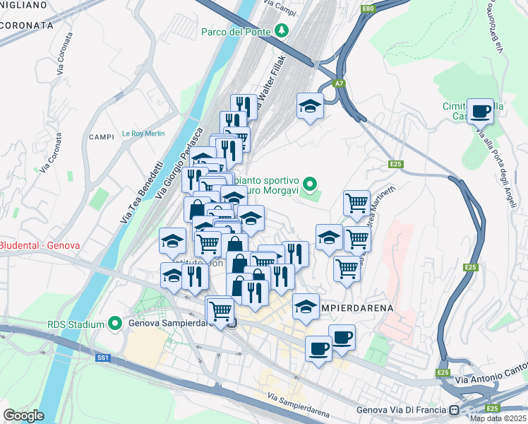 map of restaurants, bars, coffee shops, grocery stores, and more near in Genoa