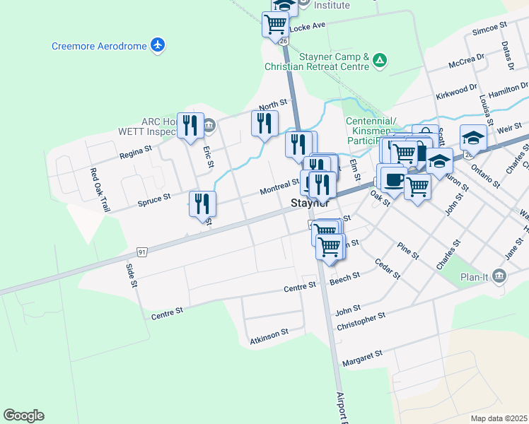 map of restaurants, bars, coffee shops, grocery stores, and more near 221 County Road 91 in Stayner