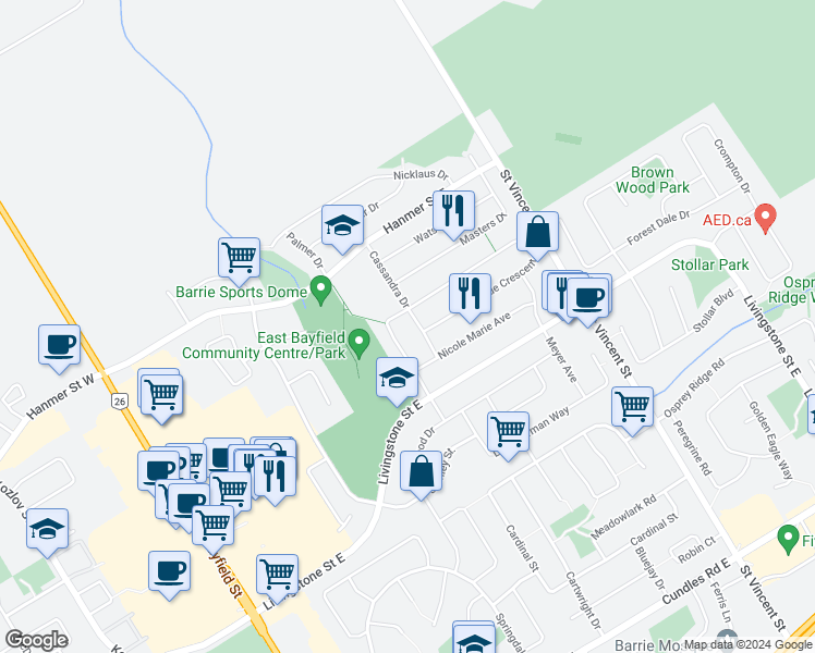 map of restaurants, bars, coffee shops, grocery stores, and more near 63 Michael Crescent in Barrie