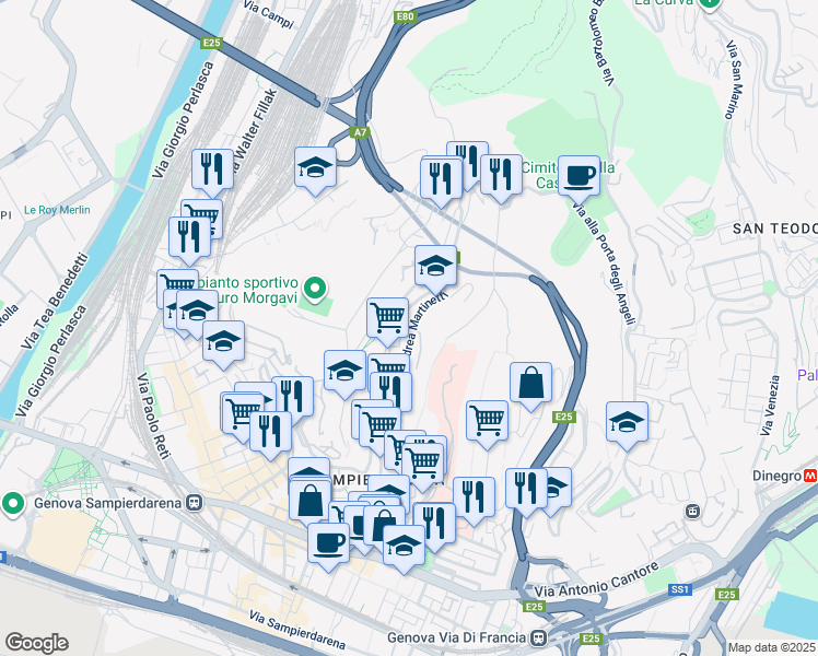 map of restaurants, bars, coffee shops, grocery stores, and more near 77 Corso Luigi Andrea Martinetti in Genova