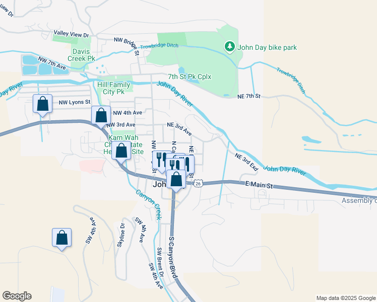map of restaurants, bars, coffee shops, grocery stores, and more near 230 Northeast Dayton Street in John Day