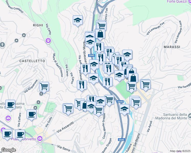 map of restaurants, bars, coffee shops, grocery stores, and more near 114 Via Bobbio in Genova