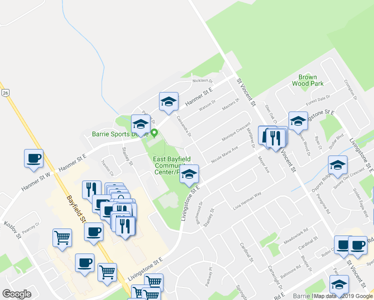 map of restaurants, bars, coffee shops, grocery stores, and more near 63 Michael Crescent in Barrie