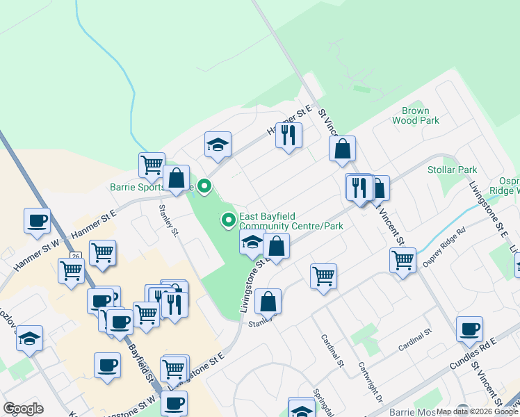 map of restaurants, bars, coffee shops, grocery stores, and more near 48 Cassandra Drive in Barrie
