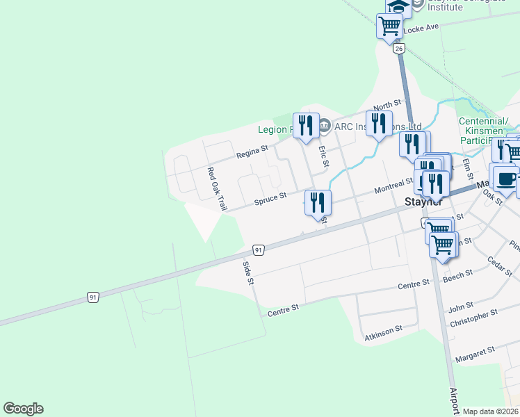 map of restaurants, bars, coffee shops, grocery stores, and more near 252 Spruce Street in Stayner