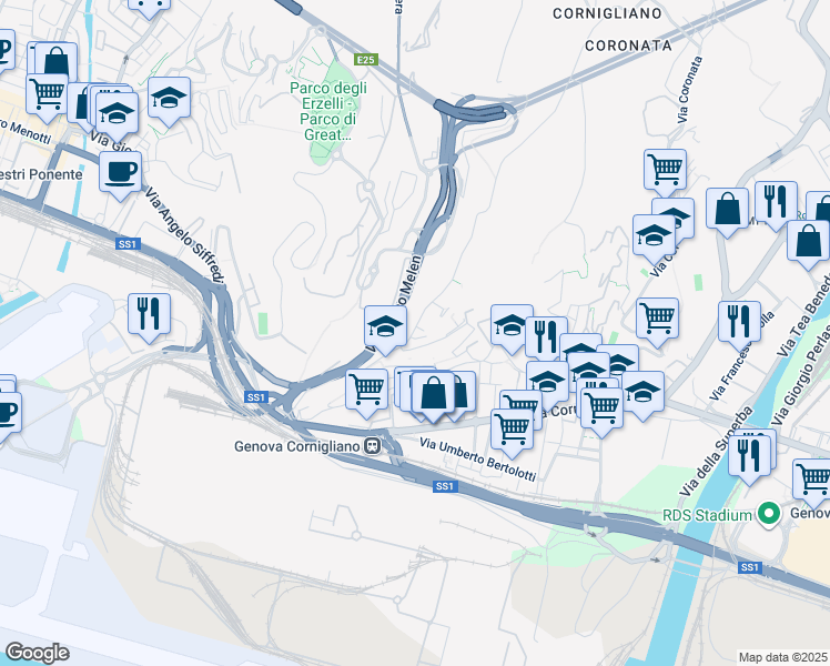 map of restaurants, bars, coffee shops, grocery stores, and more near 5 Via dei Sessanta in Genova