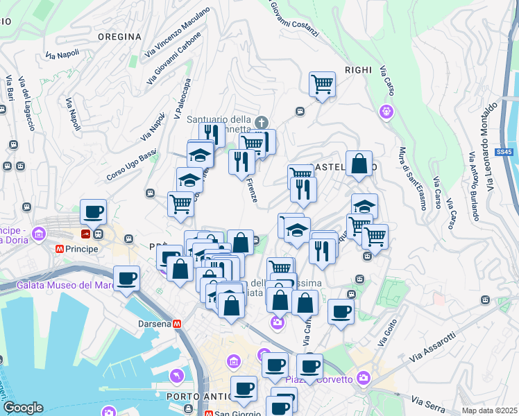 map of restaurants, bars, coffee shops, grocery stores, and more near 23 Corso Firenze in Genova