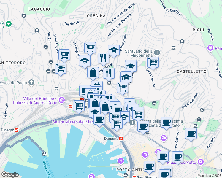 map of restaurants, bars, coffee shops, grocery stores, and more near 9 Via di Montegalletto in Genoa