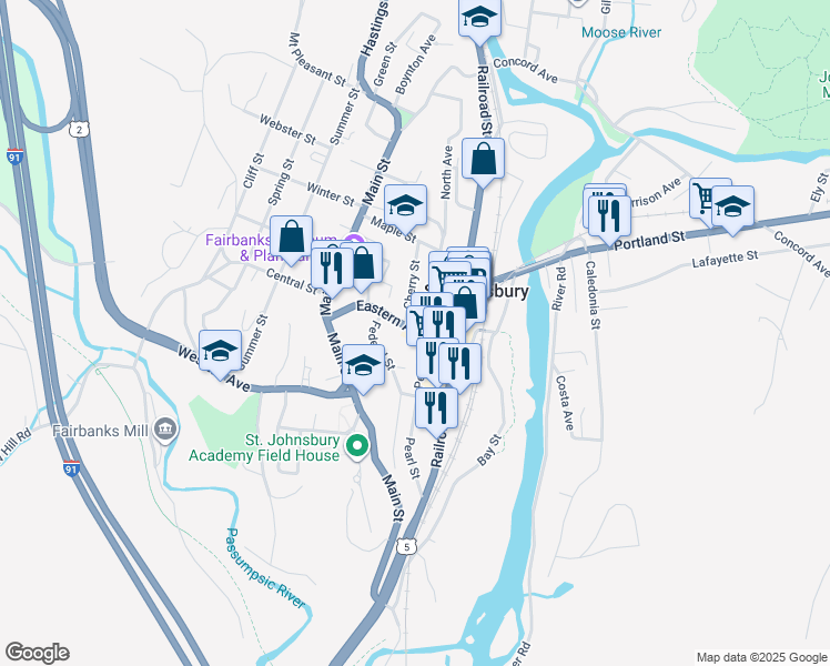 map of restaurants, bars, coffee shops, grocery stores, and more near 103 Eastern Avenue in Saint Johnsbury