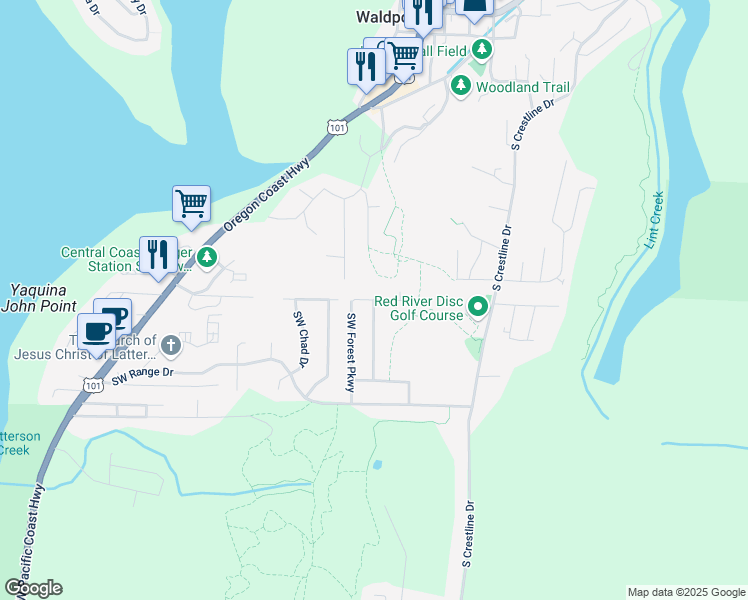 map of restaurants, bars, coffee shops, grocery stores, and more near Southwest Wedge Drive in Waldport
