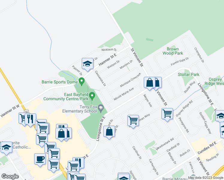 map of restaurants, bars, coffee shops, grocery stores, and more near 141 Monique Crescent in Barrie