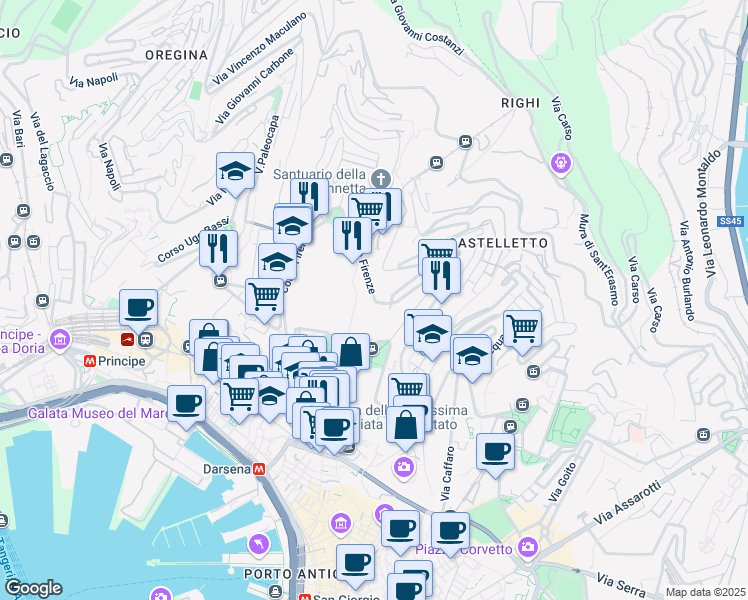 map of restaurants, bars, coffee shops, grocery stores, and more near 23 Corso Firenze in Genova