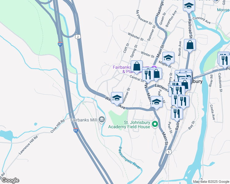 map of restaurants, bars, coffee shops, grocery stores, and more near 92 Highland Avenue in Saint Johnsbury