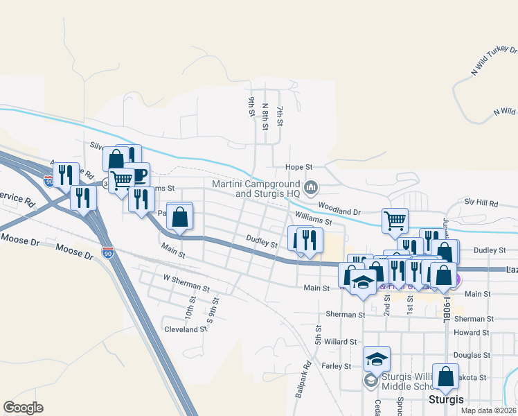 map of restaurants, bars, coffee shops, grocery stores, and more near 1810 Williams Street in Sturgis