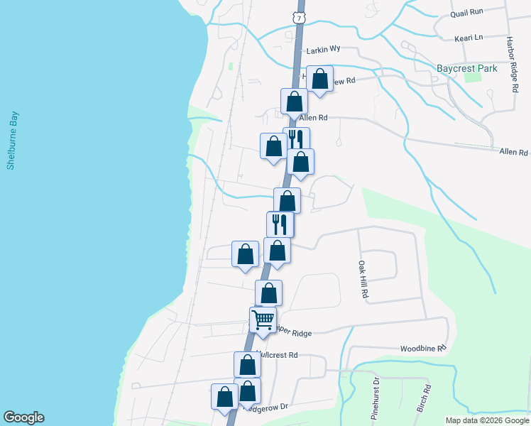 map of restaurants, bars, coffee shops, grocery stores, and more near 2598 Shelburne Road in Shelburne