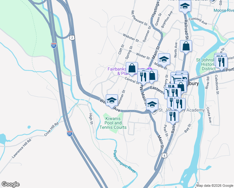 map of restaurants, bars, coffee shops, grocery stores, and more near 149 Summer Street in Saint Johnsbury