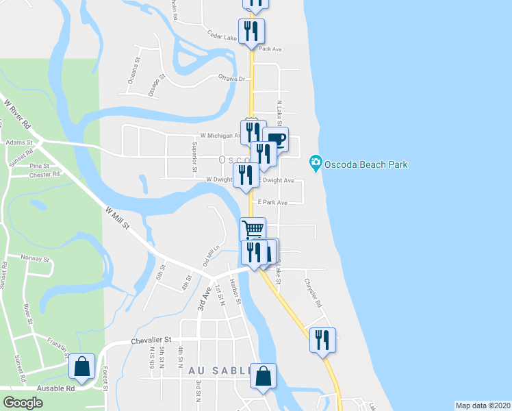 map of restaurants, bars, coffee shops, grocery stores, and more near 112 East Park Avenue in Oscoda Township