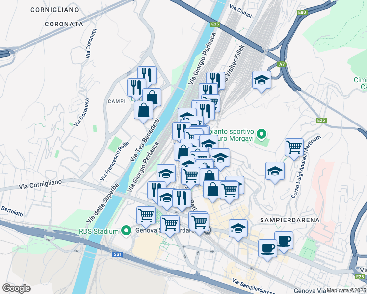 map of restaurants, bars, coffee shops, grocery stores, and more near 19 Via Giuditta Tavani in Genova