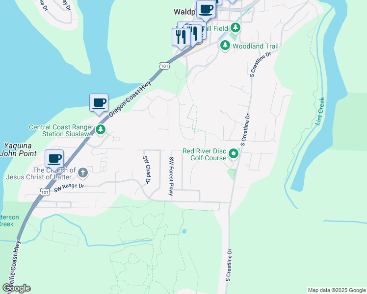 map of restaurants, bars, coffee shops, grocery stores, and more near SW Wedge Dr in Waldport