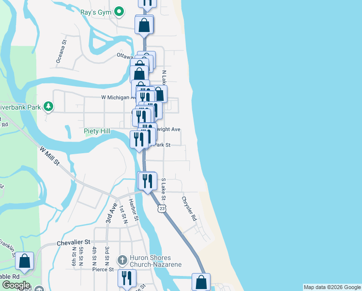 map of restaurants, bars, coffee shops, grocery stores, and more near 298 East Park Street in Oscoda