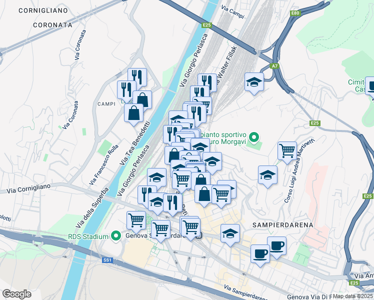 map of restaurants, bars, coffee shops, grocery stores, and more near 19 Via Giuditta Tavani in Genova