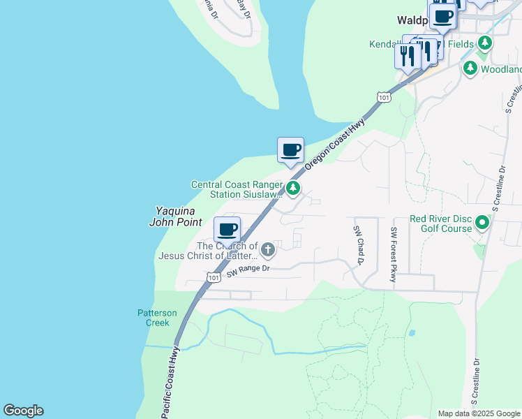 map of restaurants, bars, coffee shops, grocery stores, and more near 1310 Southwest Corona Court in Waldport