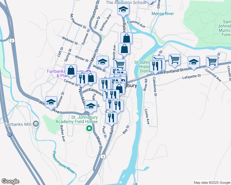 map of restaurants, bars, coffee shops, grocery stores, and more near 271 Pearl Street in Saint Johnsbury