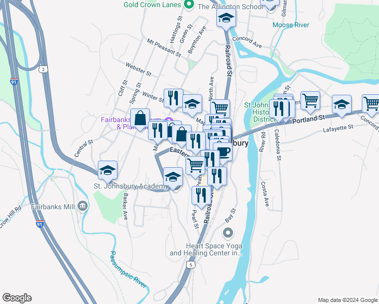 map of restaurants, bars, coffee shops, grocery stores, and more near 103 Eastern Avenue in Saint Johnsbury