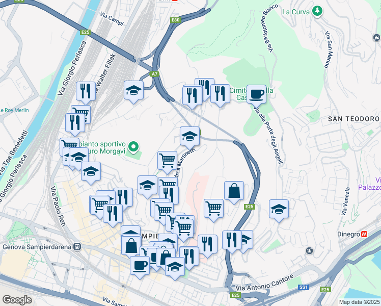 map of restaurants, bars, coffee shops, grocery stores, and more near 77 Corso Luigi Andrea Martinetti in Genova