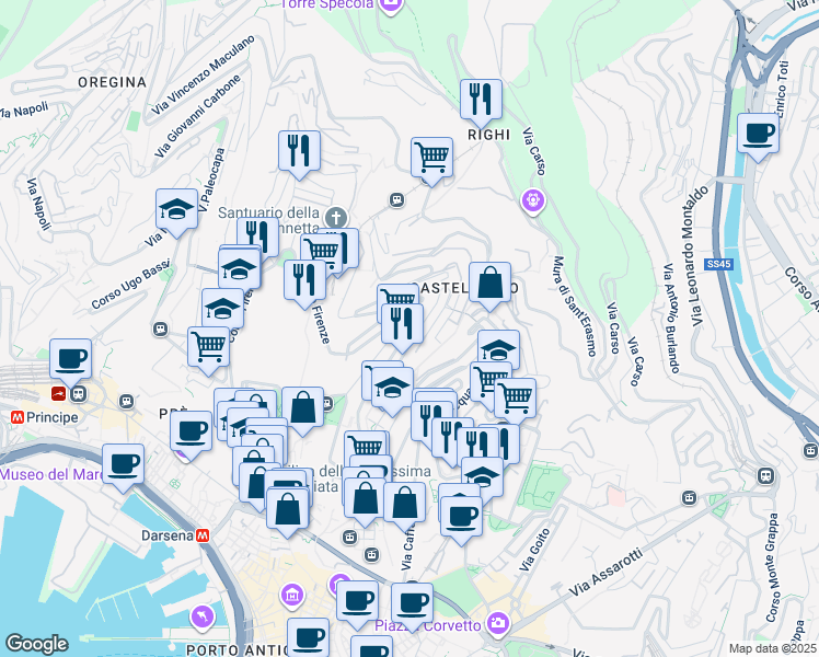 map of restaurants, bars, coffee shops, grocery stores, and more near 16 Salita Superiore di San Simone in Genova