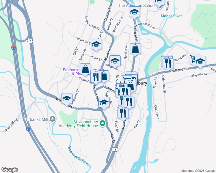 map of restaurants, bars, coffee shops, grocery stores, and more near 10 Thaddeus Lane in Saint Johnsbury
