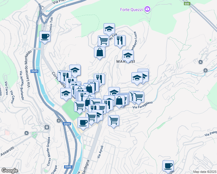 map of restaurants, bars, coffee shops, grocery stores, and more near Via Remigio Zena in Genova