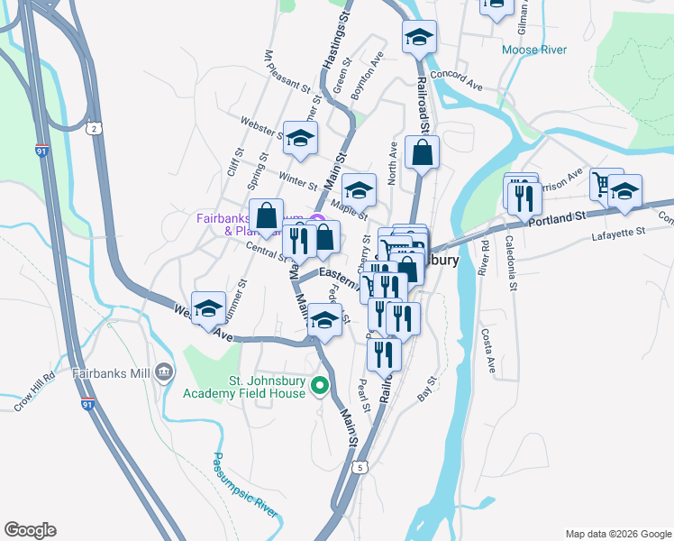 map of restaurants, bars, coffee shops, grocery stores, and more near 10 Thaddeus Lane in Saint Johnsbury