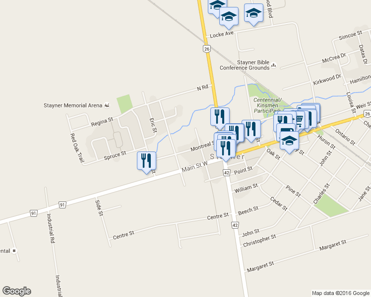 map of restaurants, bars, coffee shops, grocery stores, and more near 215 Montreal Street in Stayner