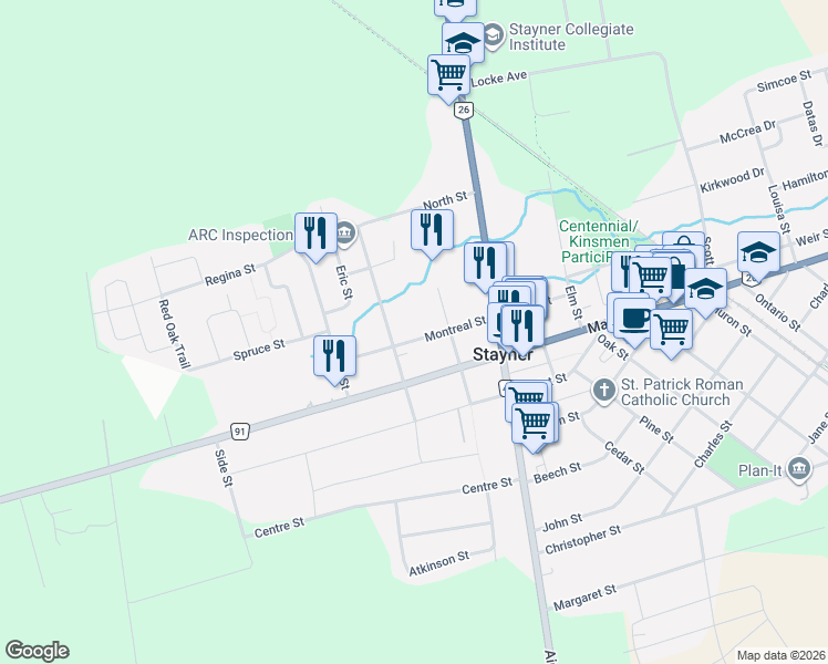 map of restaurants, bars, coffee shops, grocery stores, and more near 215 Montreal Street in Stayner