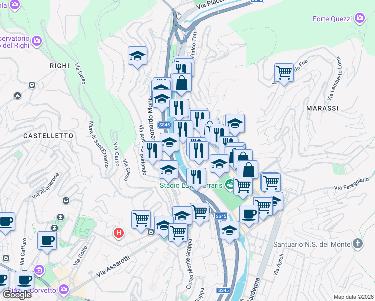 map of restaurants, bars, coffee shops, grocery stores, and more near 4 Via Francesco Montebruno in Genova