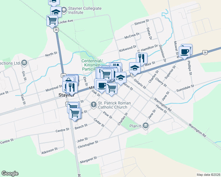 map of restaurants, bars, coffee shops, grocery stores, and more near 206 Perry Street in Stayner