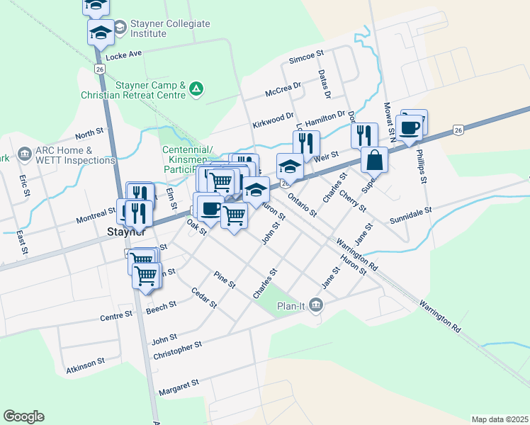 map of restaurants, bars, coffee shops, grocery stores, and more near 211 Huron Street in Stayner