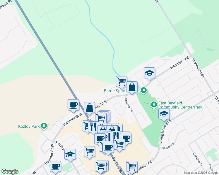map of restaurants, bars, coffee shops, grocery stores, and more near 12 Stanley Street in Barrie