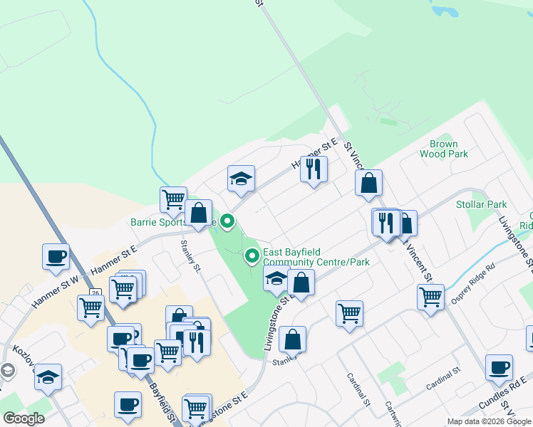 map of restaurants, bars, coffee shops, grocery stores, and more near 20 Cassandra Drive in Barrie