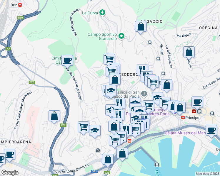 map of restaurants, bars, coffee shops, grocery stores, and more near 94 Via Bologna in Genoa