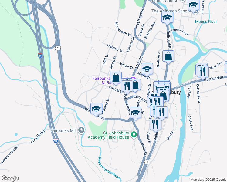 map of restaurants, bars, coffee shops, grocery stores, and more near 270 Summer Street in Saint Johnsbury