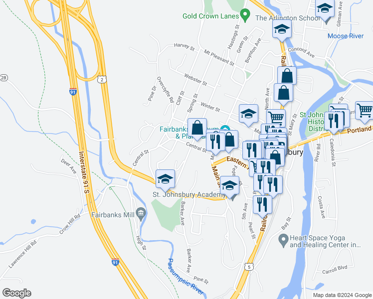 map of restaurants, bars, coffee shops, grocery stores, and more near 270 Summer Street in Saint Johnsbury