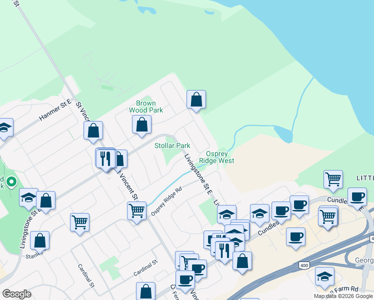 map of restaurants, bars, coffee shops, grocery stores, and more near 262 Livingstone Street East in Barrie